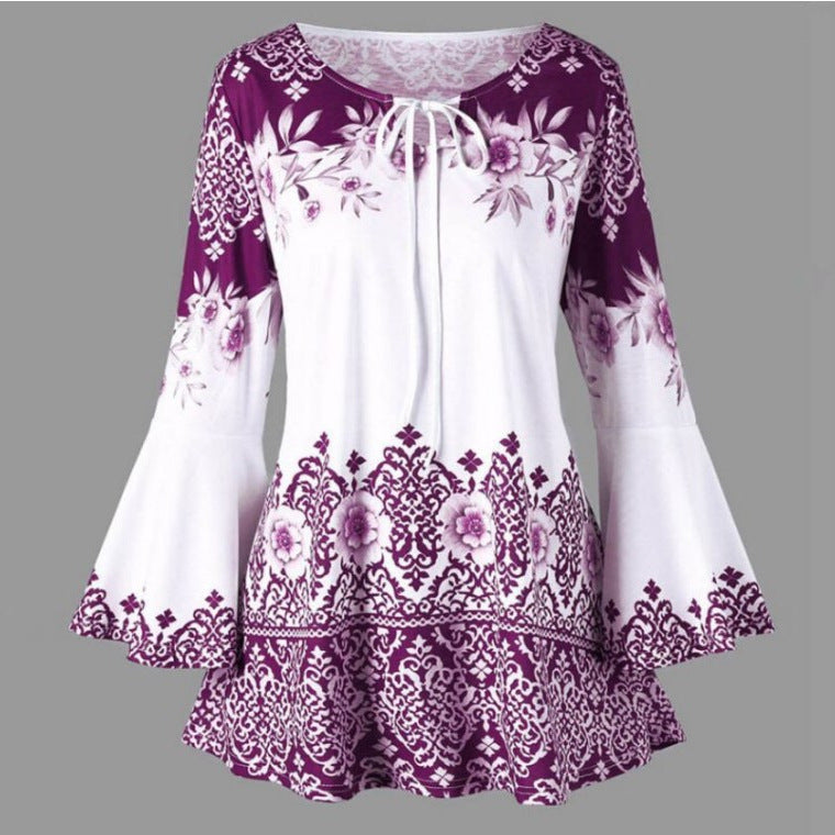 Women's Popular Print Long Horn Sleeve T-shirt Blouses