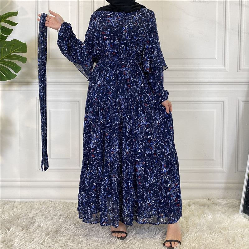 Chiffon Printed Long Sleeve Big Hem Dress