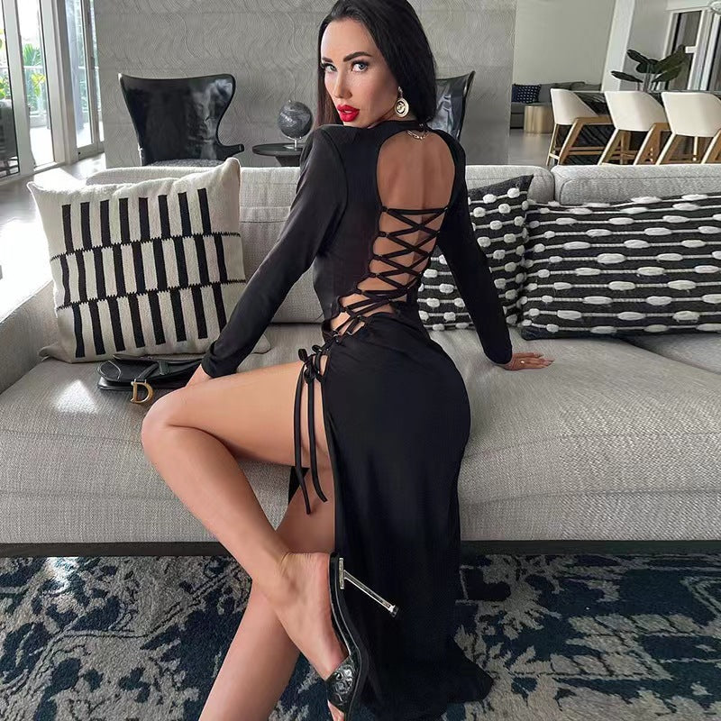 Women's Color Beveled Split Long Sleeve Slim Fit Tied Sexy Dress