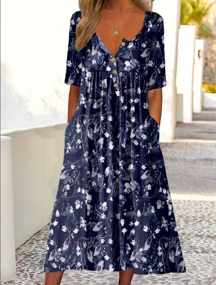 Women's Printed Pocket Clinch Long Dress Plus Size
