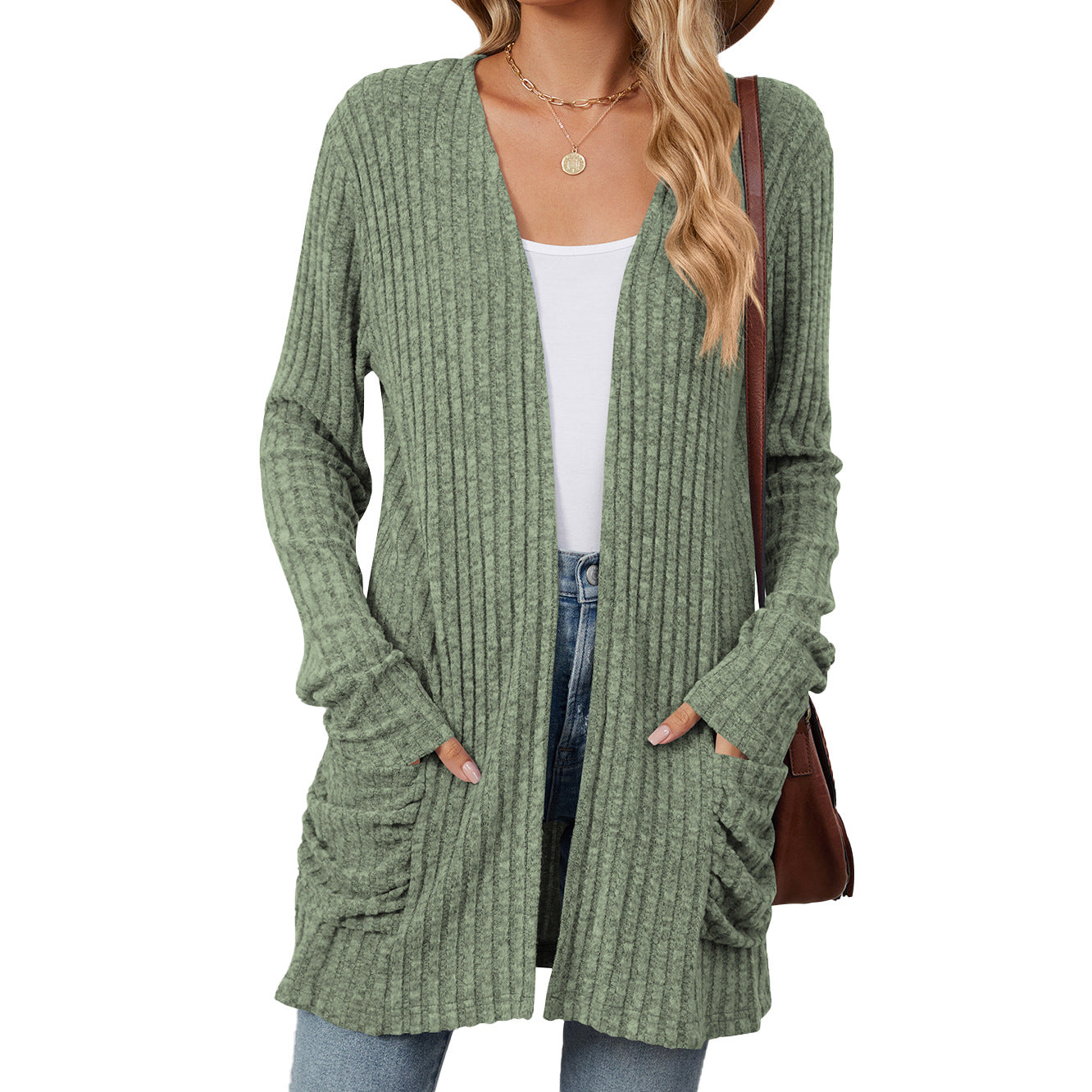 Solid Color Pocket Long Sleeve Bottoming Knitwear