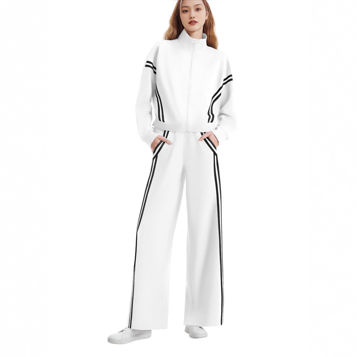 Wear Zipper Sports Contrast Color Striped Wide Leg Jogger Travel Fashion Casual Suit