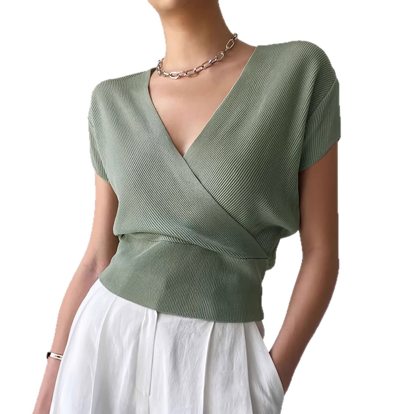 Women's Color With Cross Collar On Both Sides Easy Matching Waisted Women's Sweater