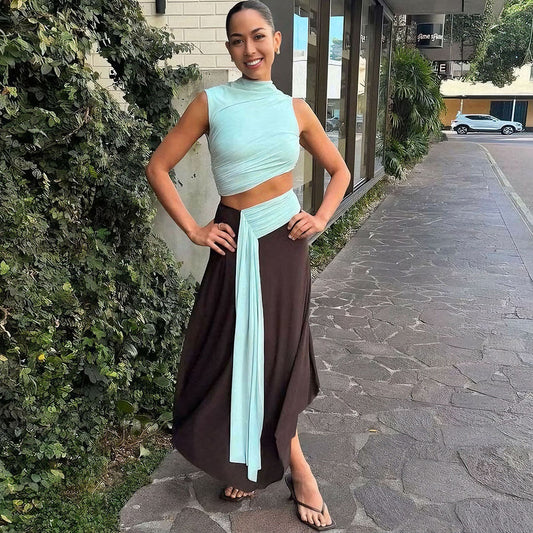 Women's Fashion Sexy Navel Ribbon Sleeveless Stitching Dresses