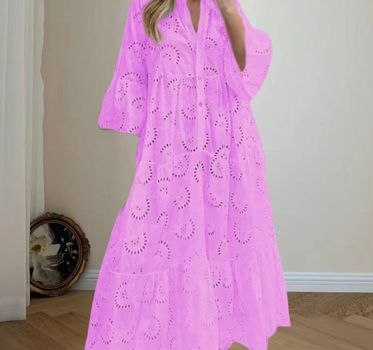 Women's Elegant Puff Sleeve Solid Color Hollow Loose Dresses