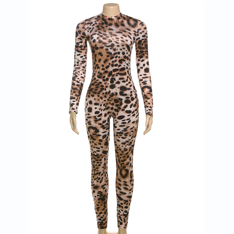 Women's Hot Contrast Color Animal Leopard Round Neck Jumpsuits