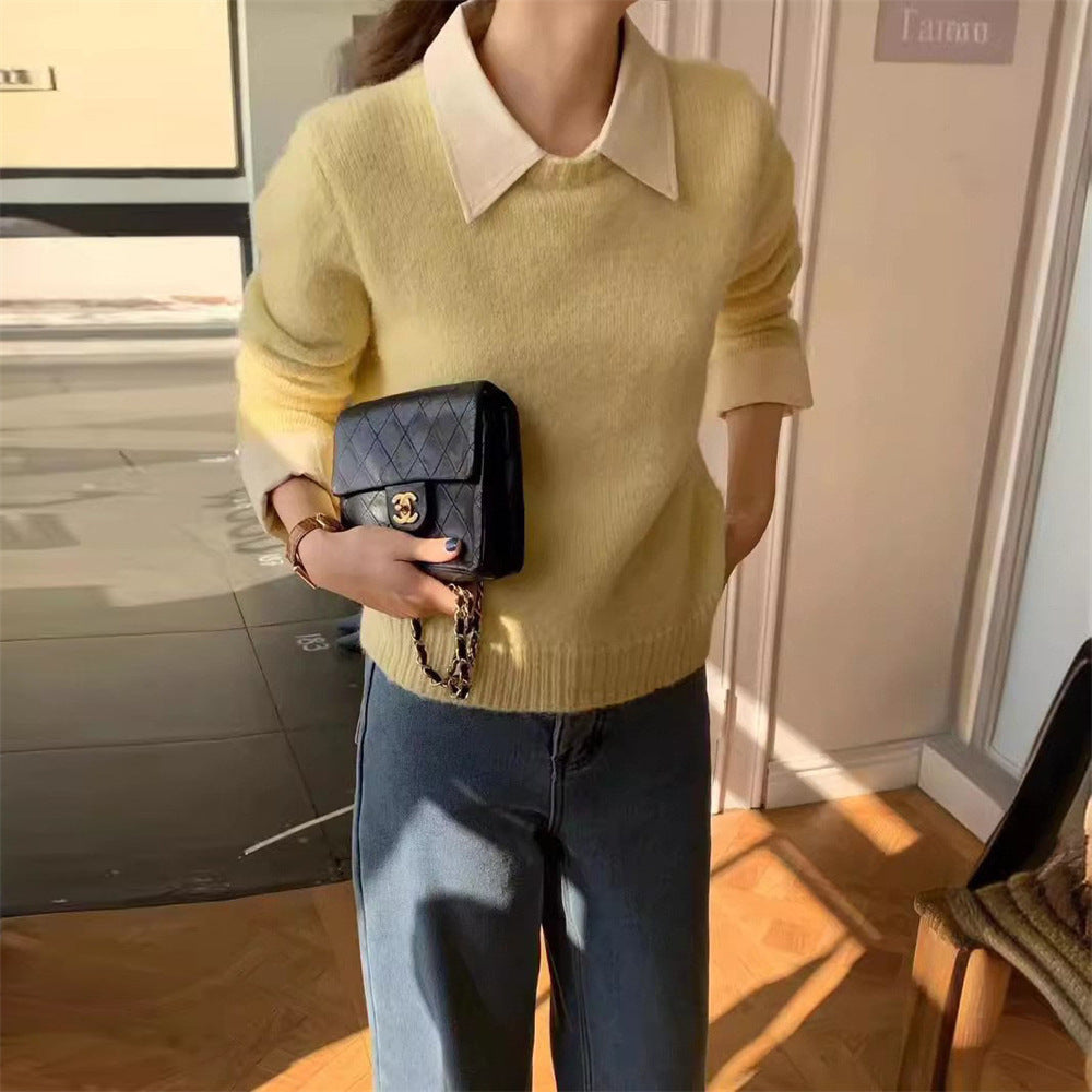 Women's Stitching Shirt Collar Fake Two-piece Knitted Sweater