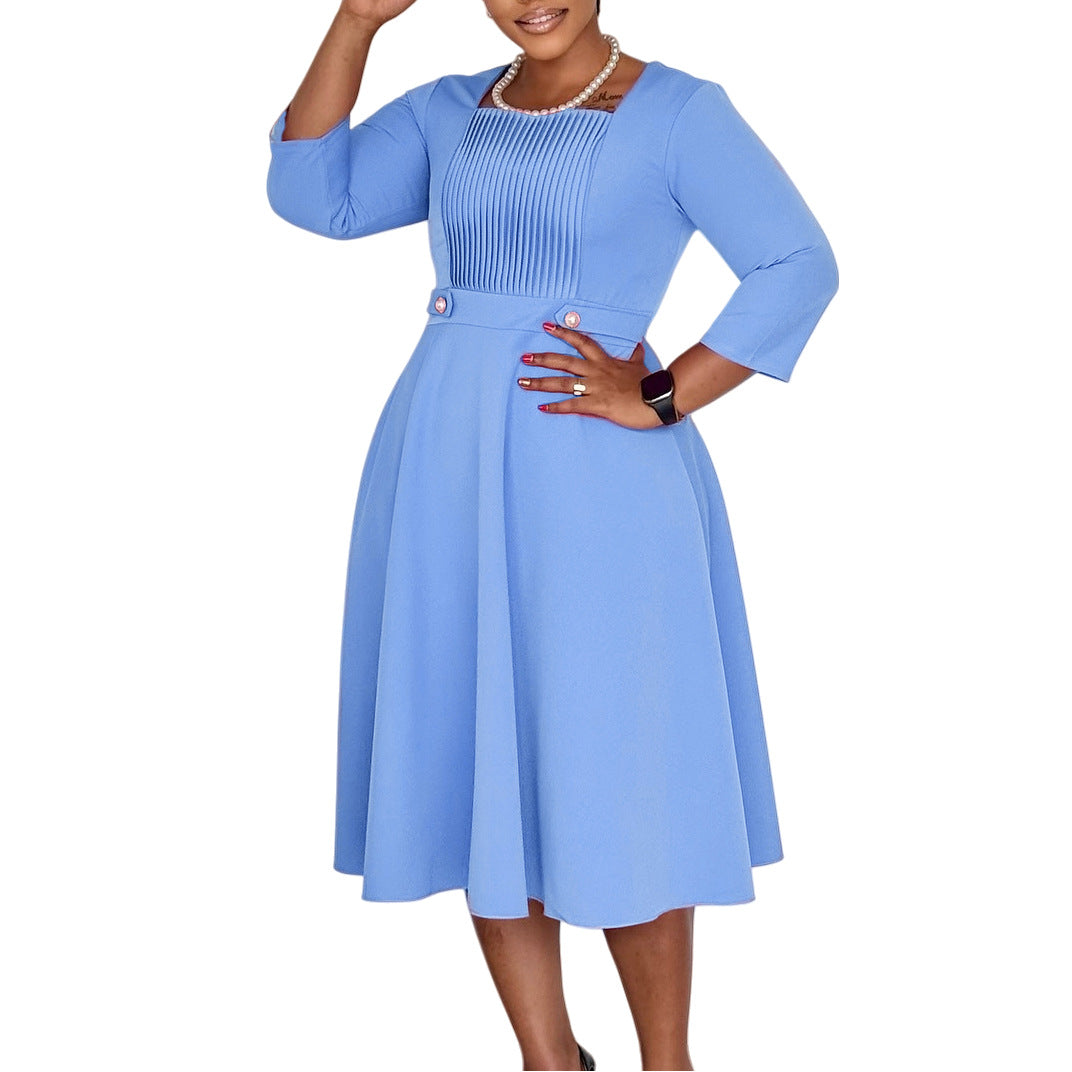 Women's Fashion Square Collar Solid Color Pleated High Plus Size