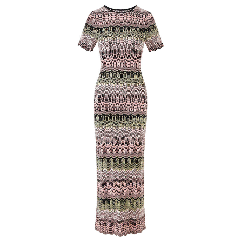 Gradient Color Stitching High Elastic Sleeve Knitted Dresses