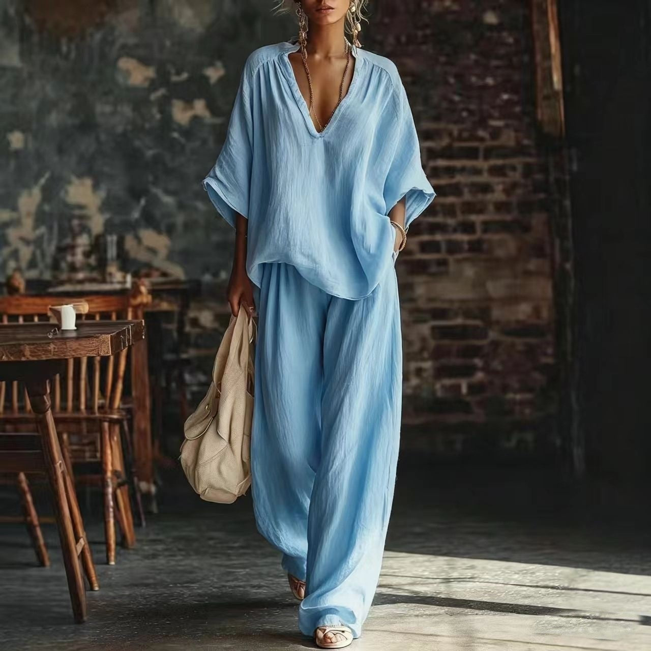 Women's Solid Color Loose Short-sleeved Trousers Two-piece Fashion Casual Suit