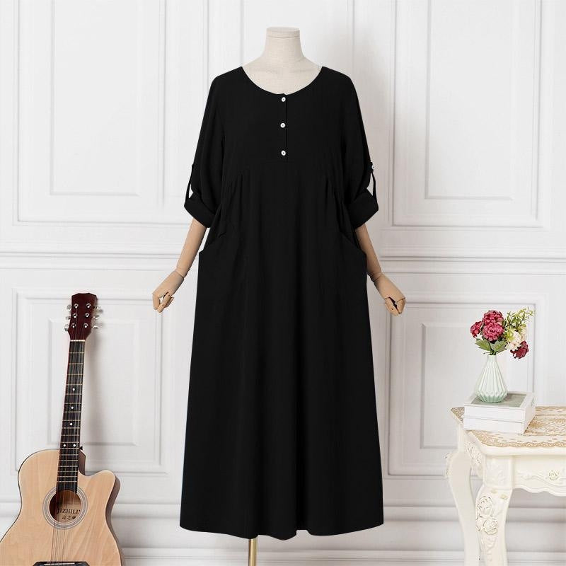 Women's Casual Loose Turned Cuff Long Sleeve Round Neck Dresses