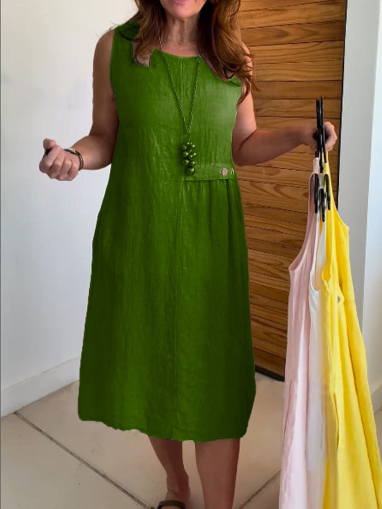 Women's Summer Button Pocket Sleeveless Round Neck Cotton Dress