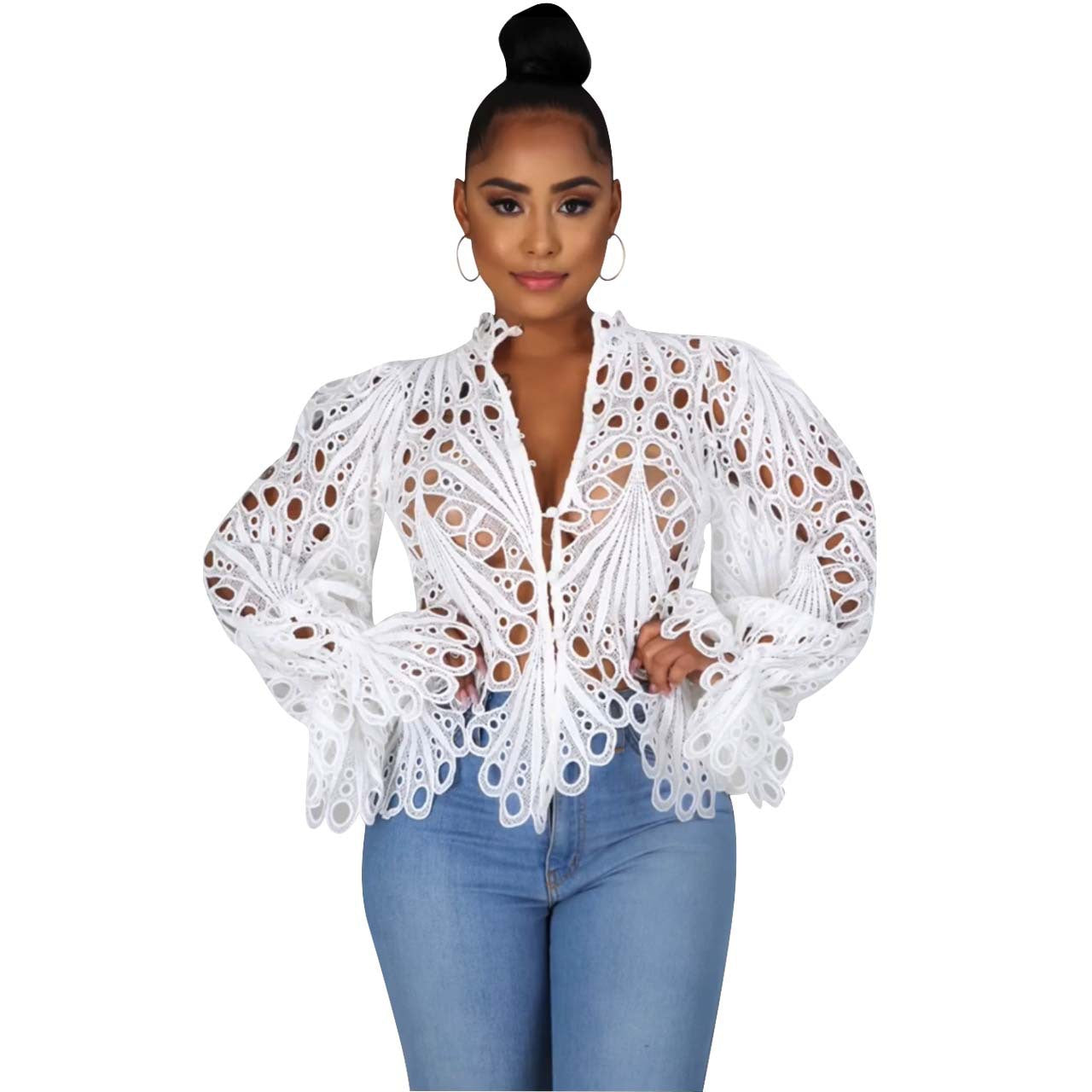 Women's Autumn Ripped Sexy Flare Sleeve Breathable Blouses