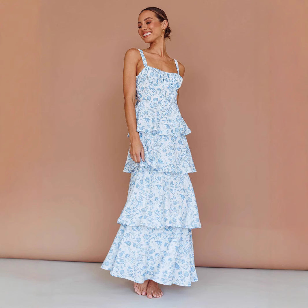 Women's Waist Trimming Spaghetti Straps Printed Long Dresses