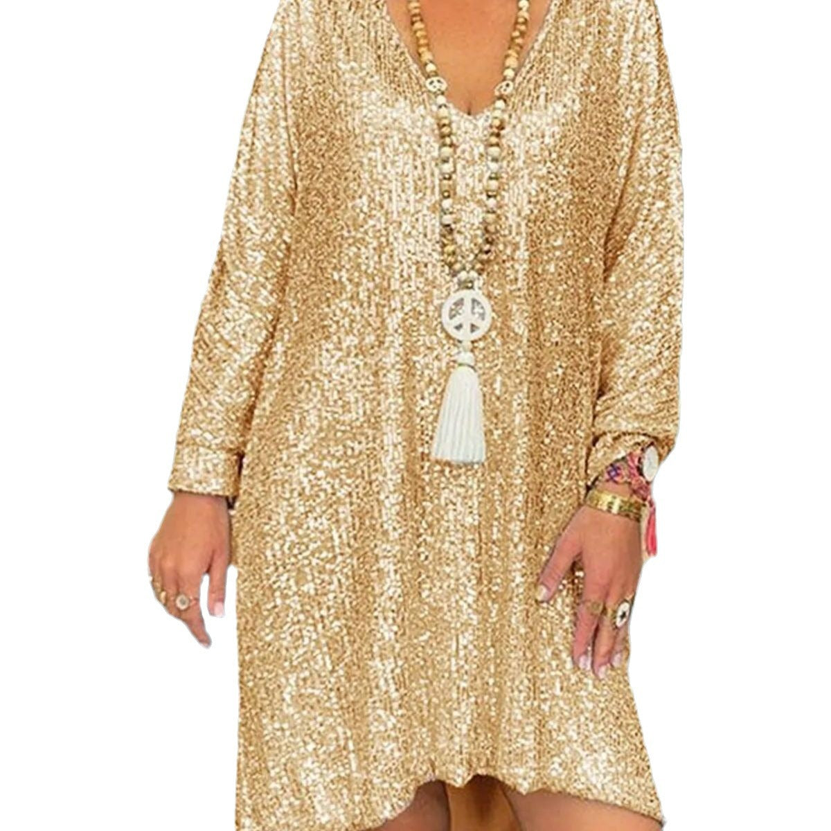 Short-sleeved Urban Casual Solid Color Loose Pullover Sequined Dresses