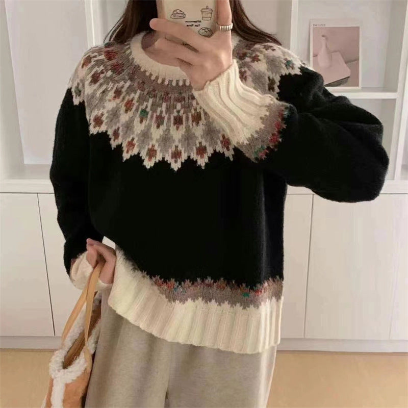 Women's Idle Style Contrast Color Jacquard Long Sleeve Loose Soft Sweaters