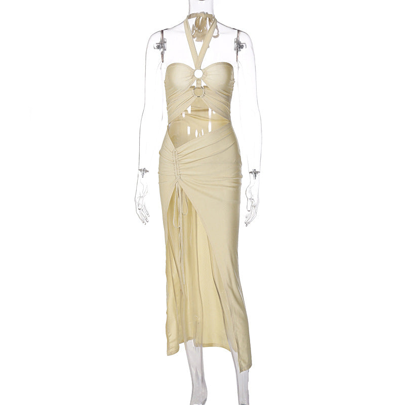 Women's Summer Solid Color Chest Wrap Halter Ring Connection Hollow Dresses