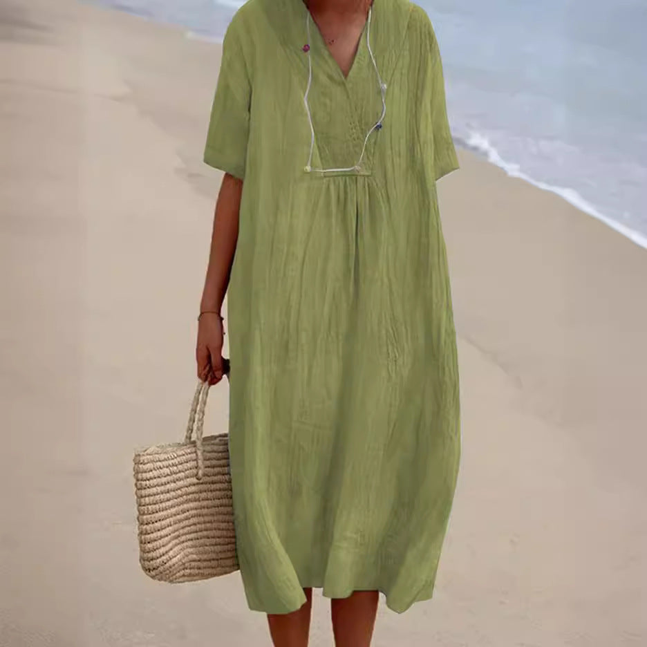 Women's Versatile Casual Solid Color Cotton Linen Dress