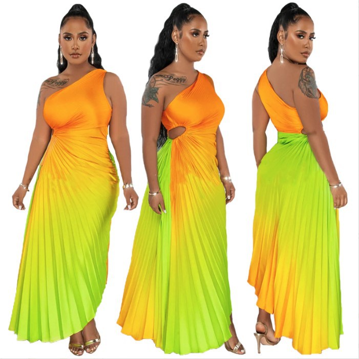 Women's Fashion Gradient Plain Printed Draped Dress Dresses