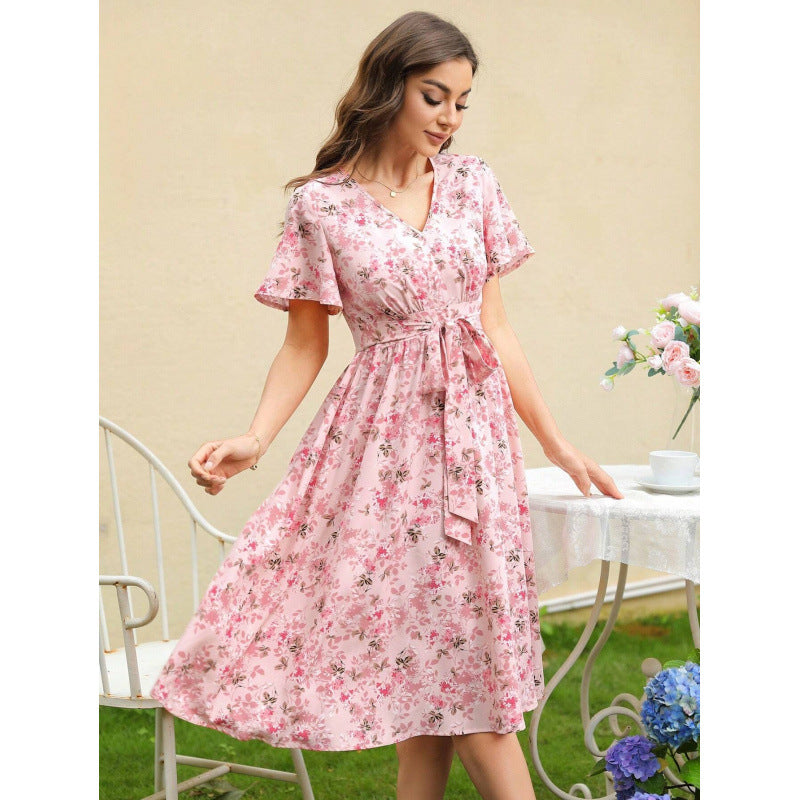 Women's Summer Sleeve Printed Ruffled Tied Shorts
