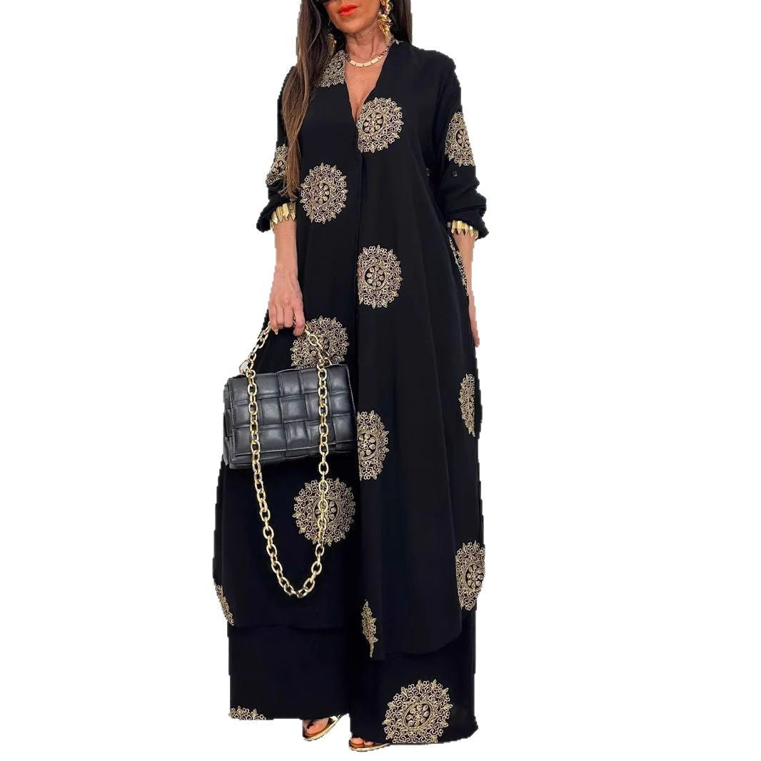 Women's Loose Long Printed Robe Two-piece Set Tops