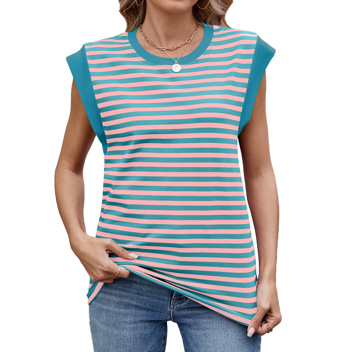 Women's Striped Contrast Color Round Neck Loose Blouses