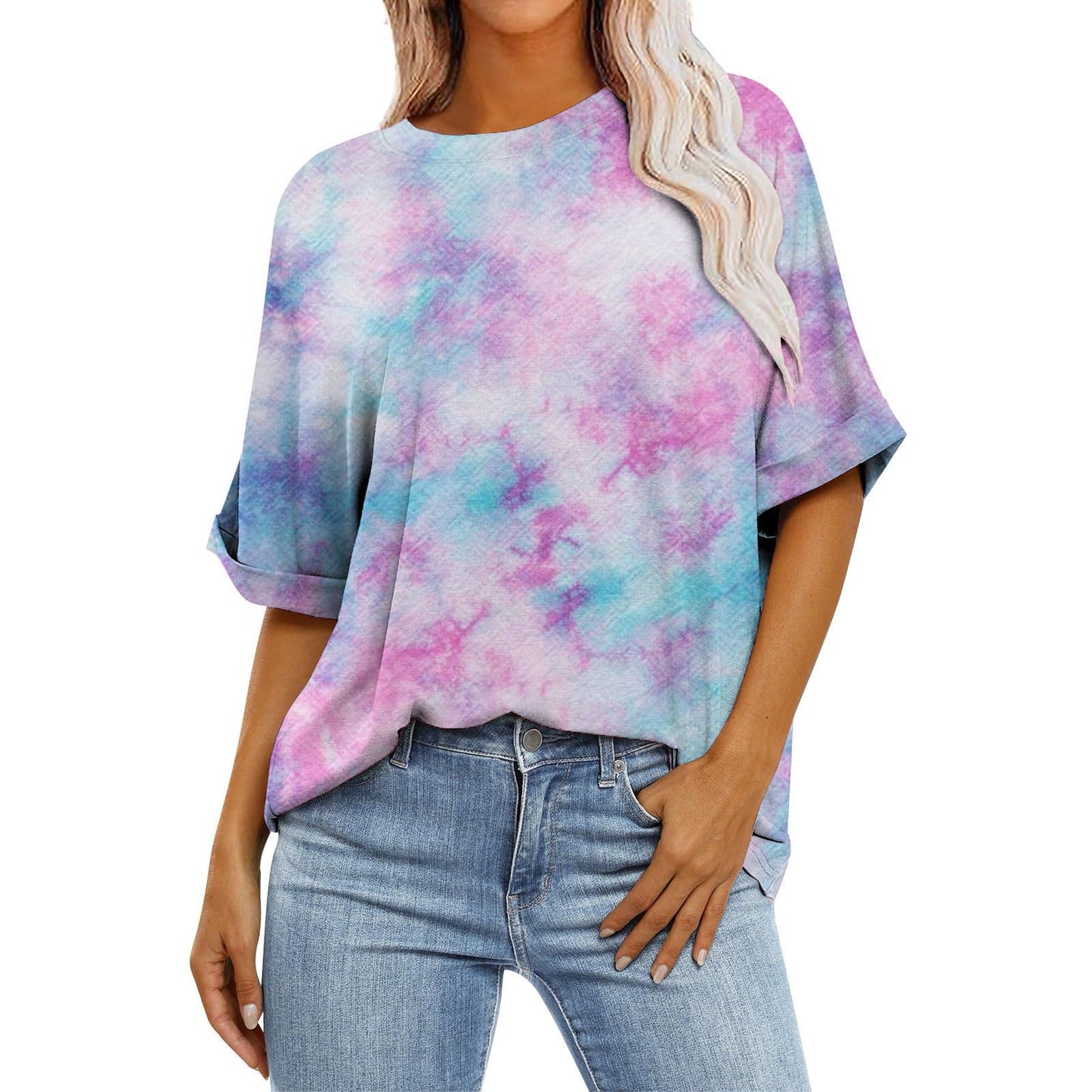 Women's Gradient Color Sleeve Casual Round Neck Blouses