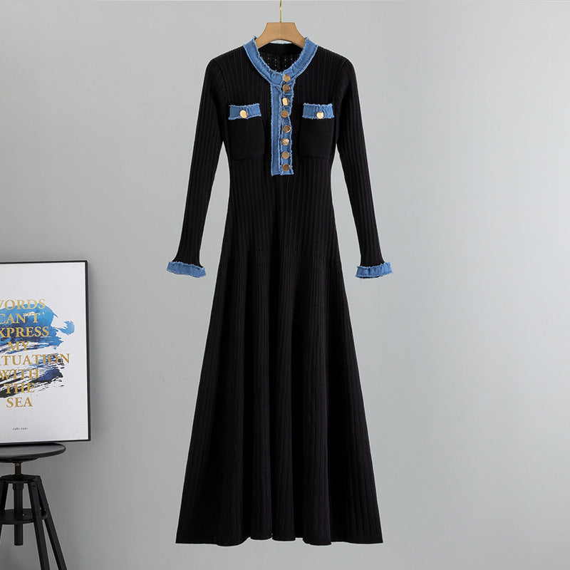 Women's Elegant Slim Denim Stitching Contrast Color Dress