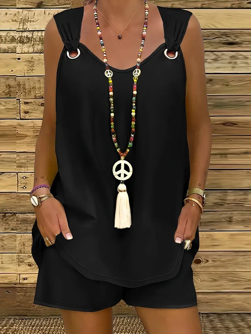 Round Neck Solid Color Two-piece Set Sleeveless Fashion Casual Suit