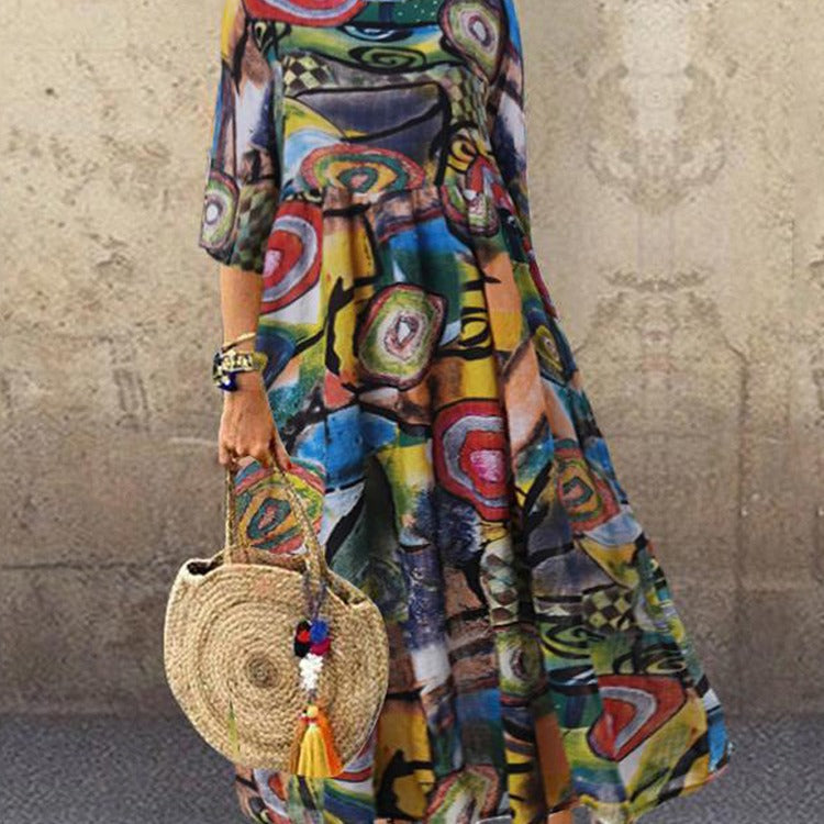 Women's Long Retro Bohemian Pleated Sleeve Waist Dresses