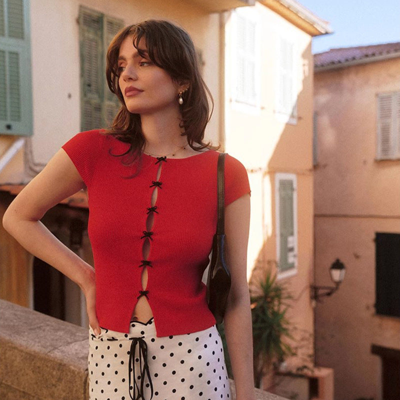 Red Short-sleeved Drop-shaped Hollow Bow French Blouses