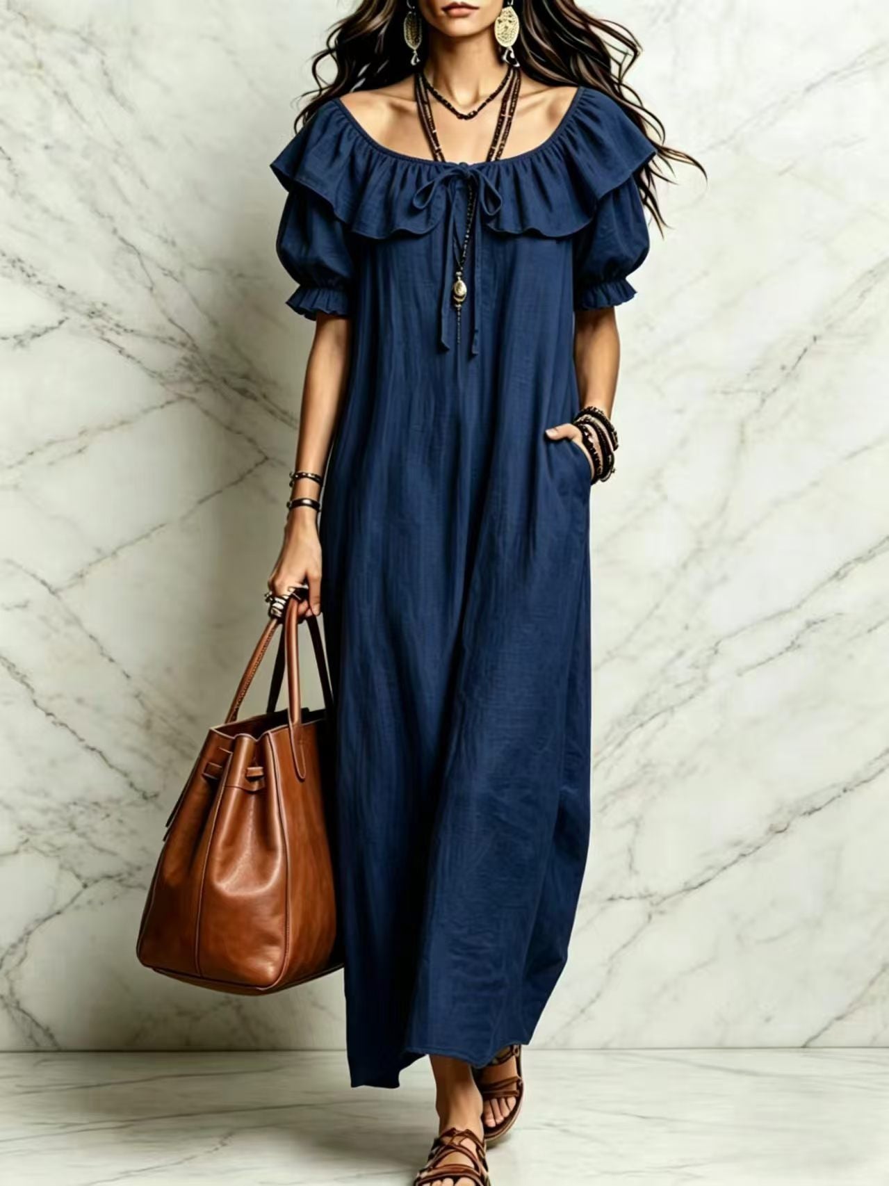 Loose Round Neck Ruffled Leisure Temperament Seaside Dress