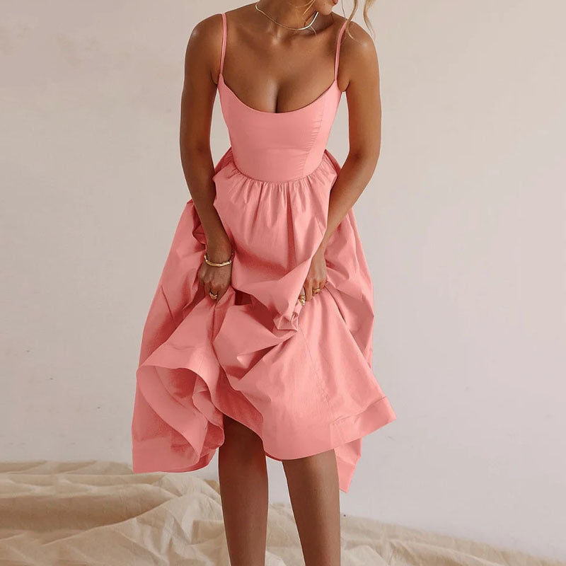 Women's Summer Solid Color Sexy Collar Fitted Waist Dress