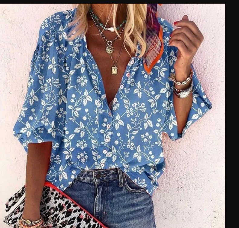 Women's Fashion Summer Stand Collar Loose Button Retro Blouses