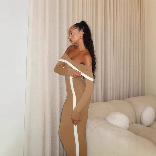 Elegant Sexy Contrast Color Slim Fit Dress Knitted Dresses