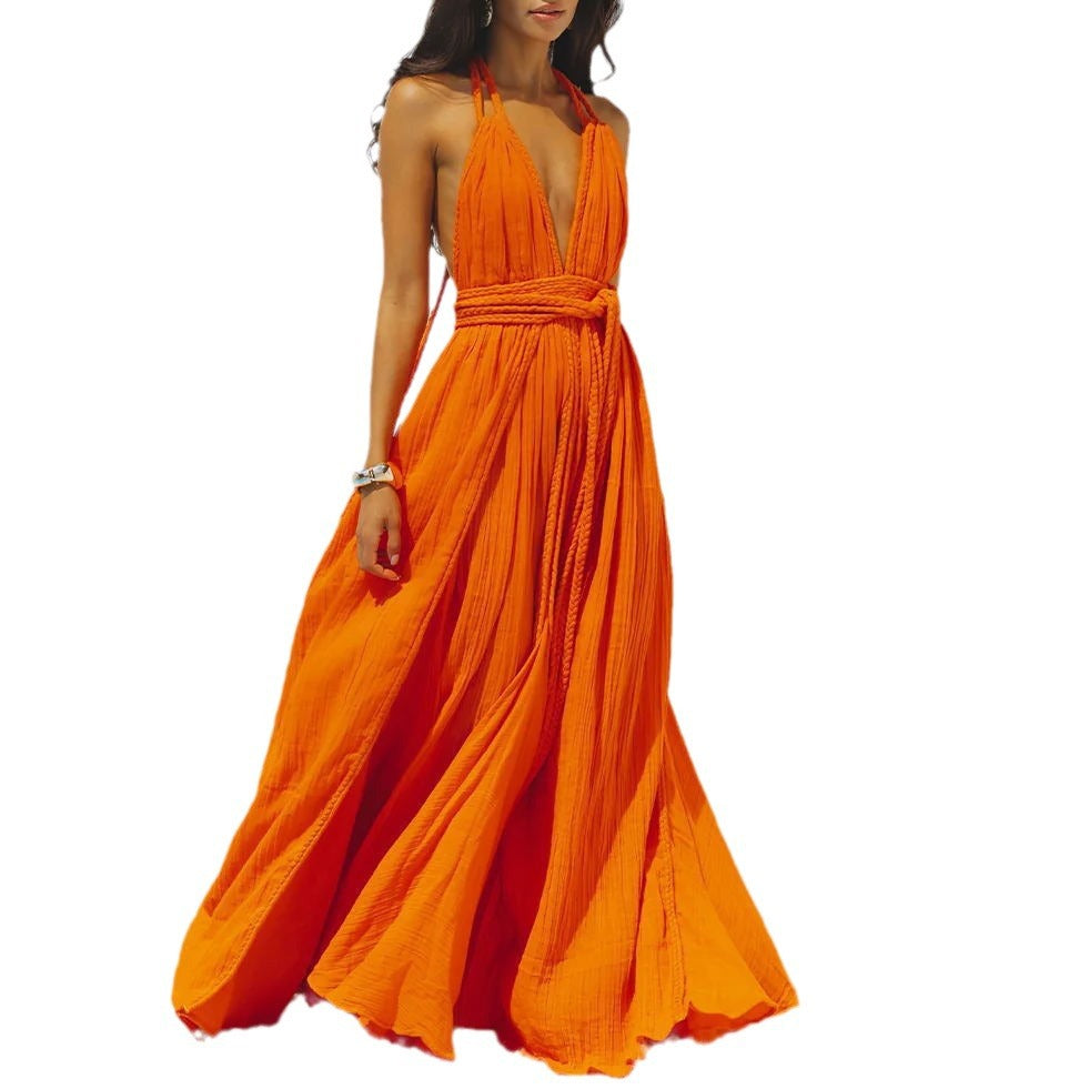 Women's Sexy Backless Lace Up Solid Color Dresses