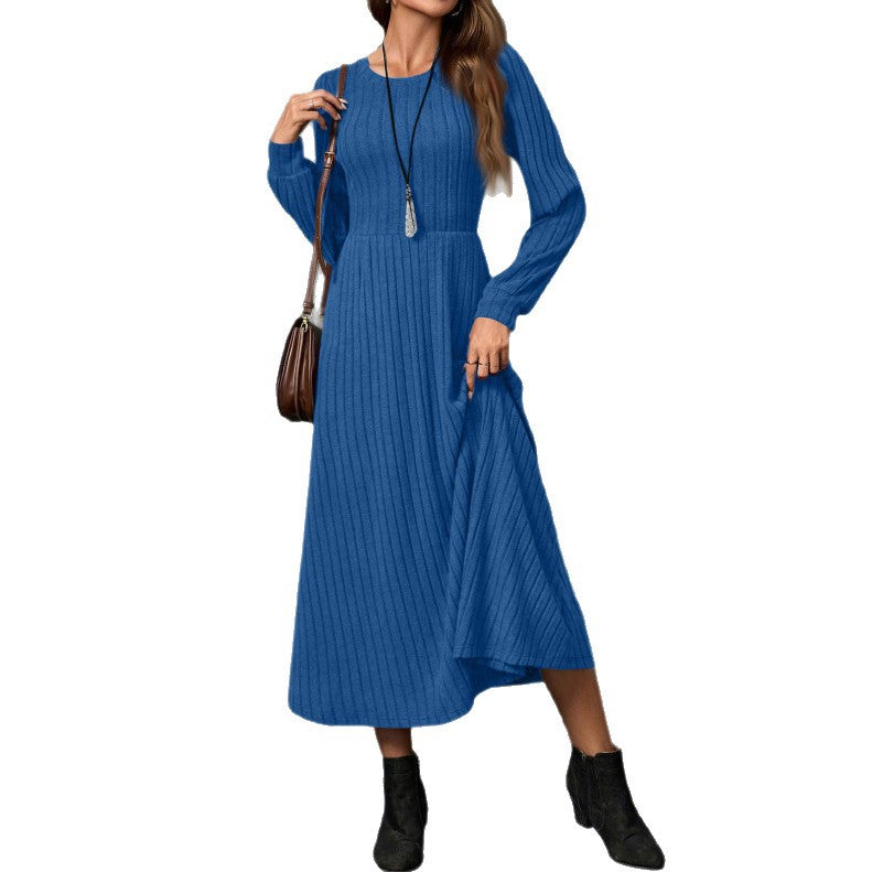 Ladies Fashion Round Neck Long Sleeve Solid Color Casual Sunken Dress