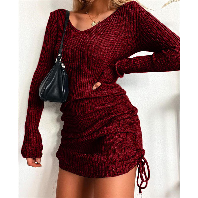 Sleeve Sexy Slim Thread Pleated Drawstring Dress