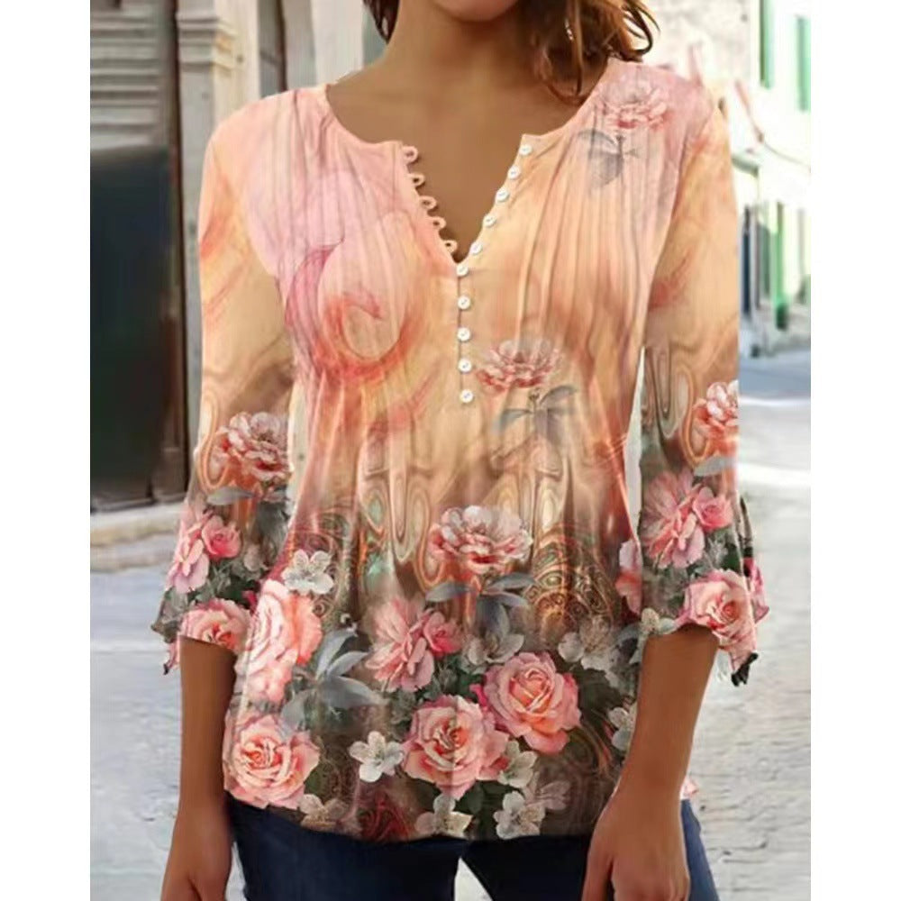 Women's Digital Printing Button T-shirt Flared Sleeves Clothing