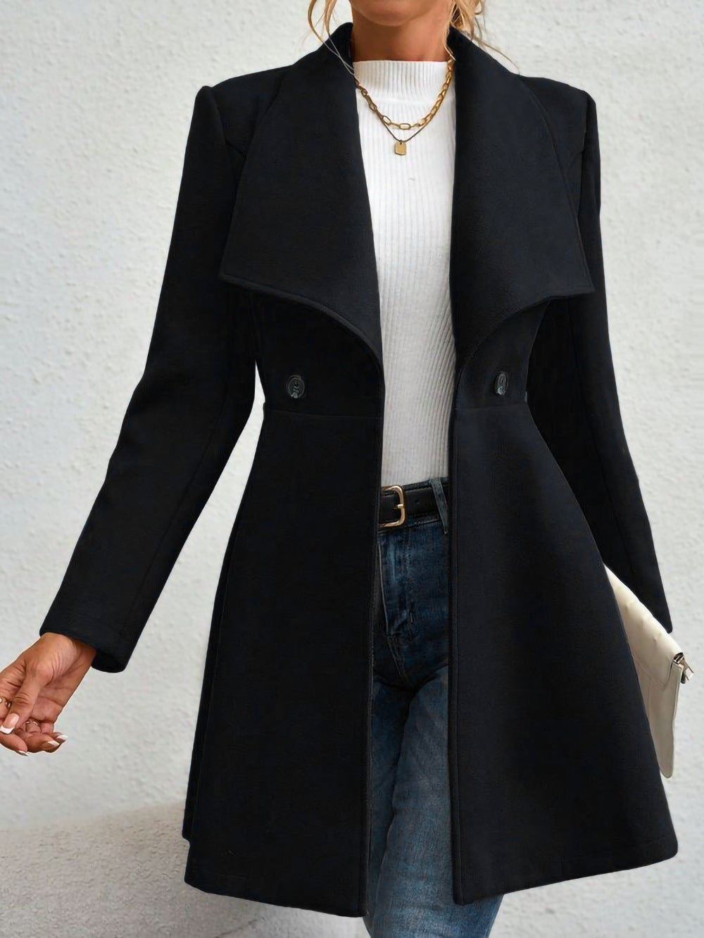 Women's Woolen Slim Fit Long Fashion Lapel Coats