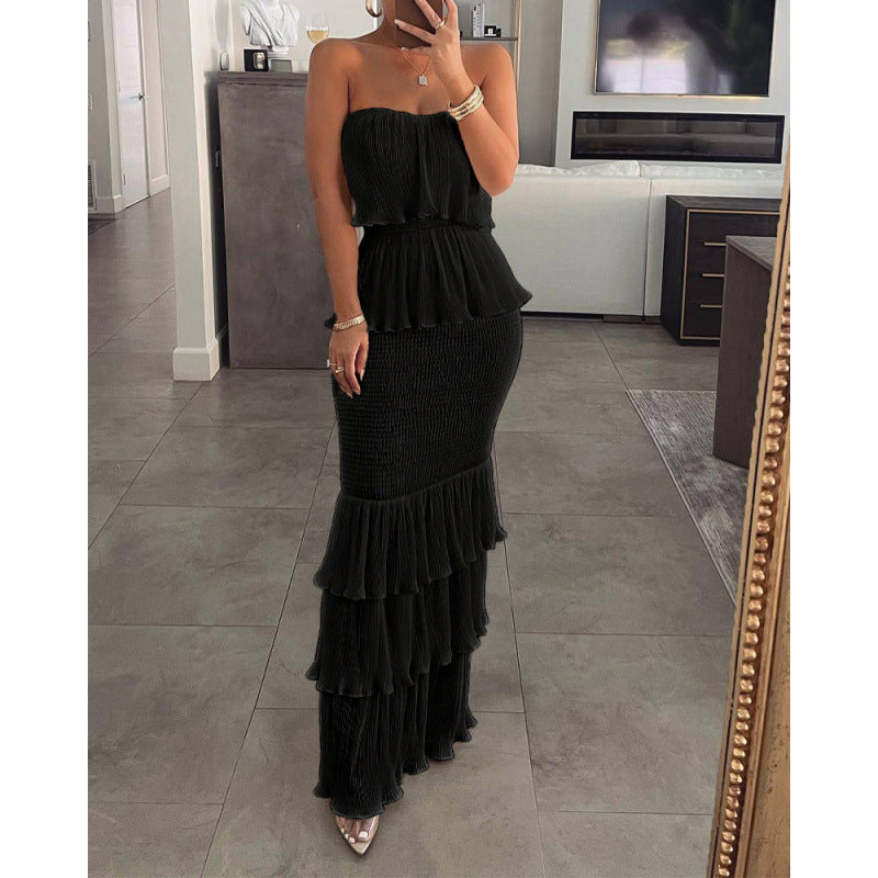 Women's Tube Smocking Pleated Ruffled Long Dress Blouses