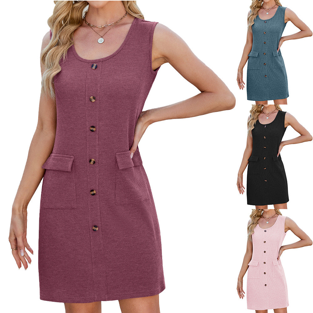 Solid Color Round Neck Button Pocket Dress