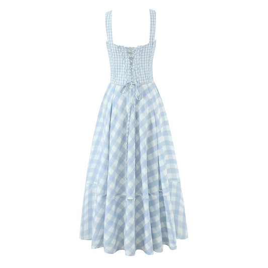 Women's Dignified Hollow Stitched Backless Large Swing Waist Trimming Spaghetti Dresses