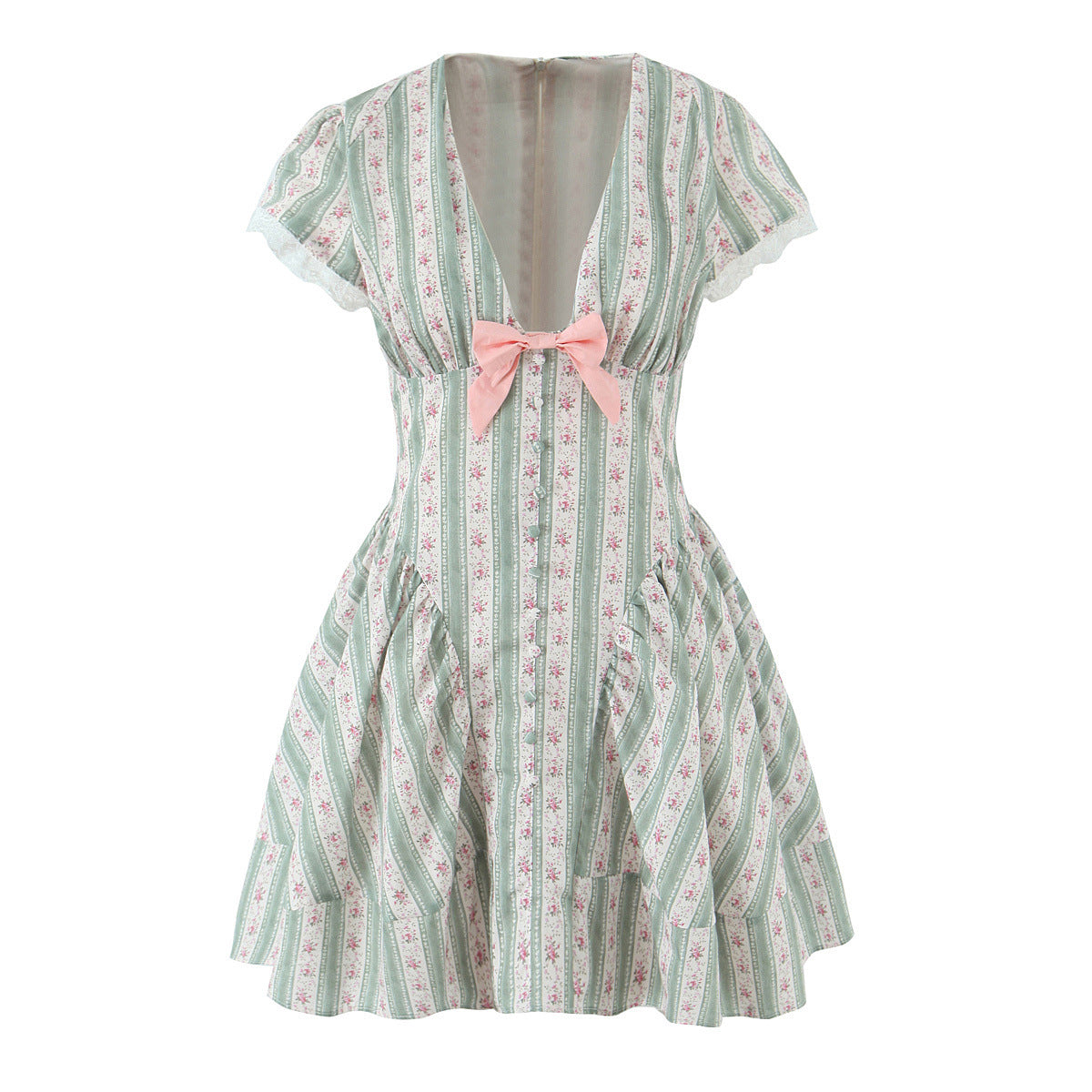 Women's Fashion Sweet French Green Striped Cotton Dresses