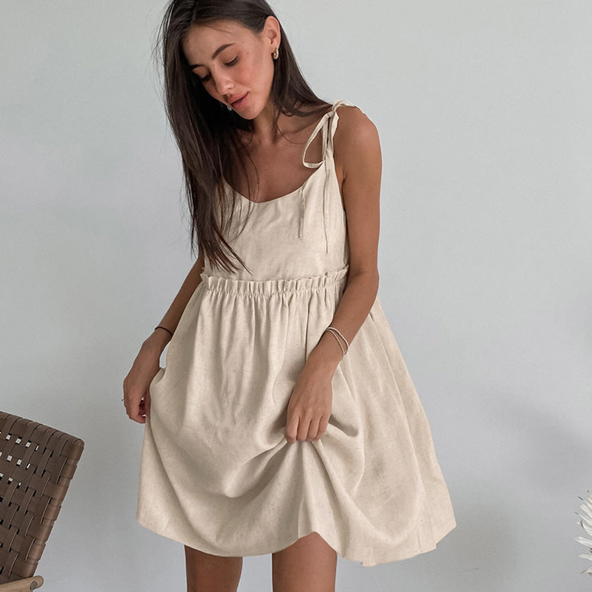 Women's Cotton Linen Dress Summer Vacation Style Loose Suspender Dresses