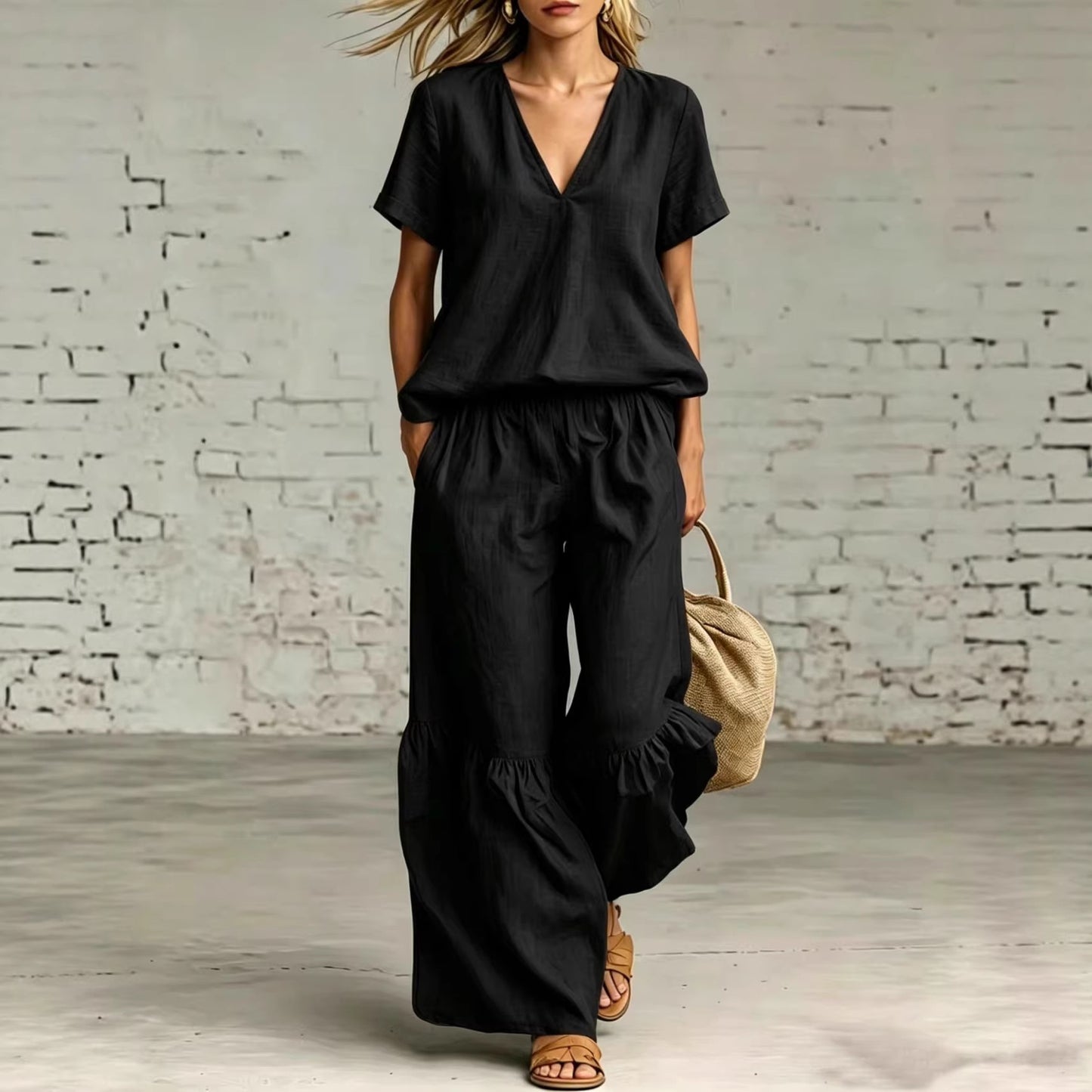 Women's Solid Color Loose Short-sleeved Trousers Two-piece Fashion Casual Suit