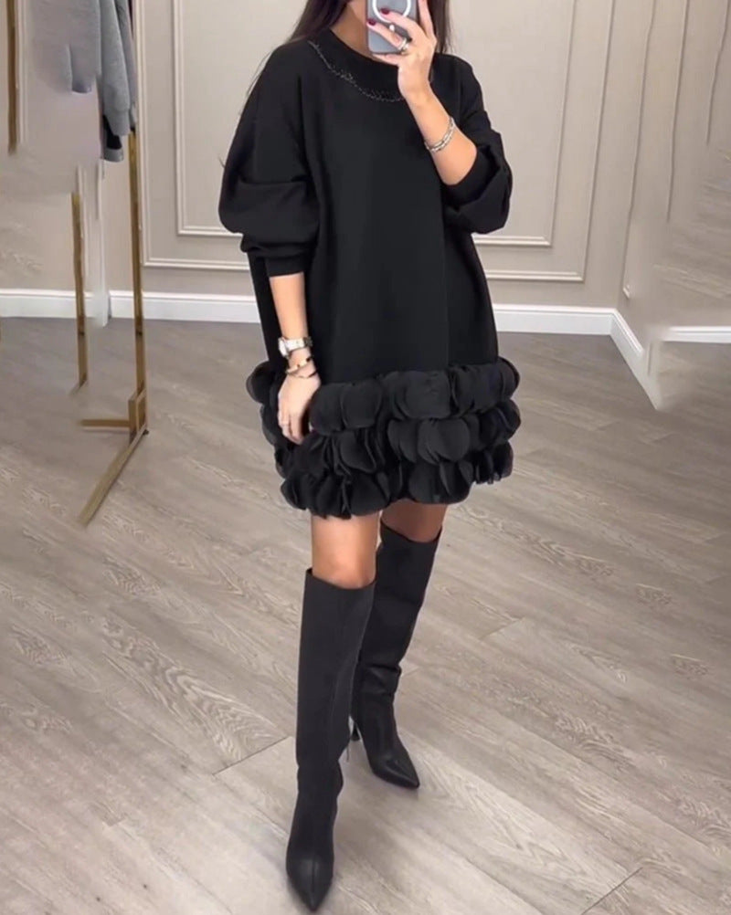 Women's Elegant Round Neck Long Sleeve Stitching Petal Dress