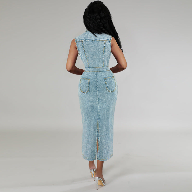 Women's Large Denim Sleeveless Split Lapel Dress Dresses