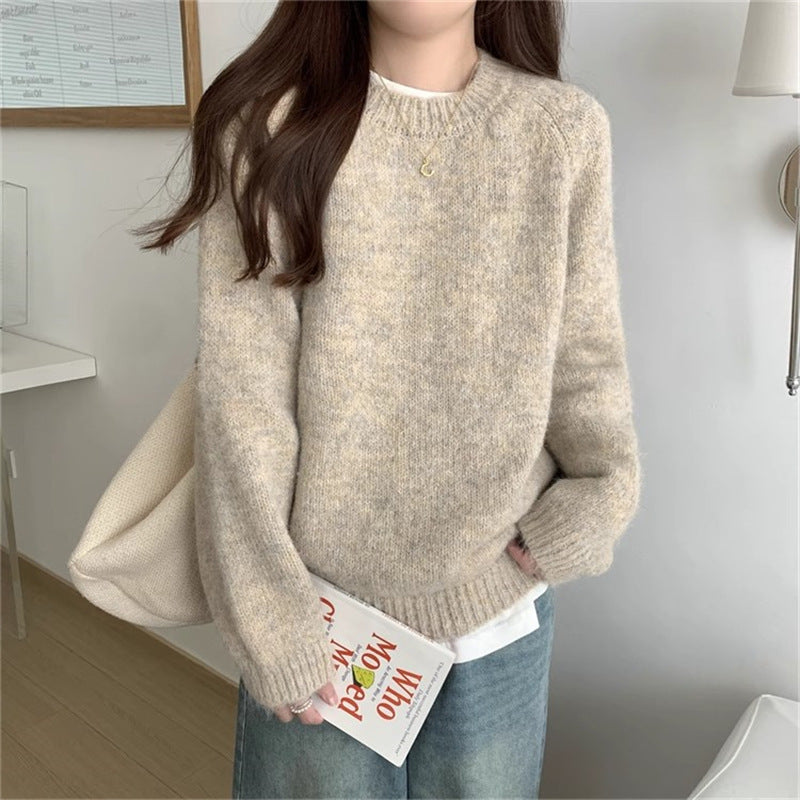 Women's Retro Lazy Style Solid Color Round Neck Loose Pullover Sweater