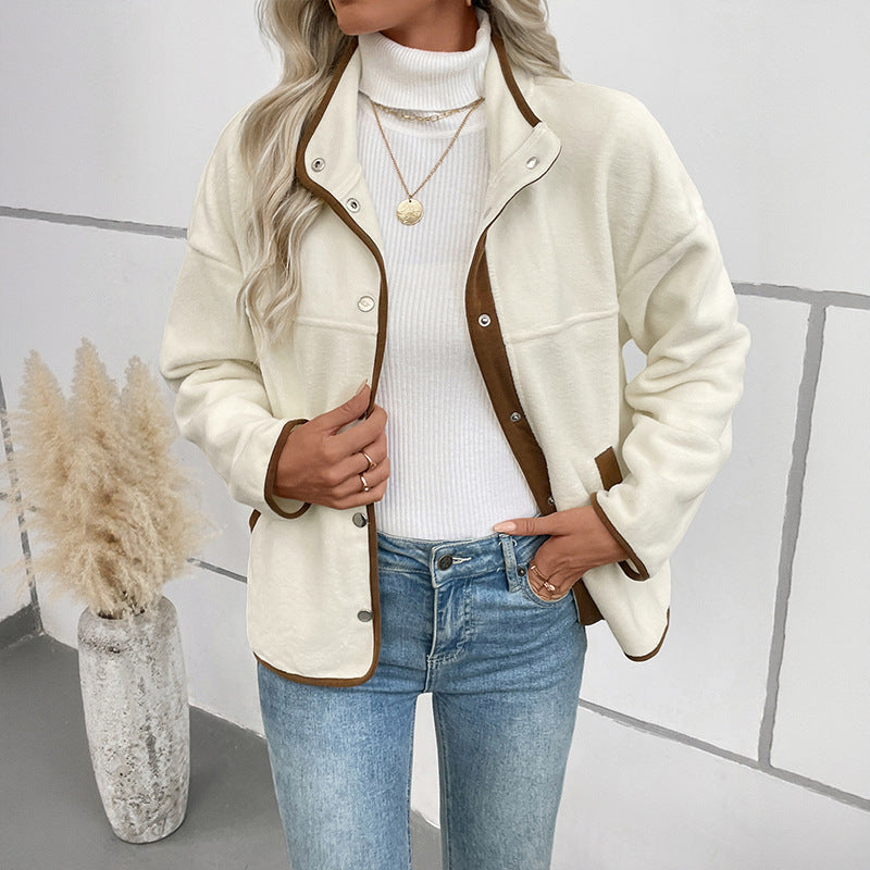 Women's Contrast Color Polar Fleece Stand-up Collar Coats